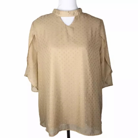 CJ Banks Chiffon Raindrop Top Flutter Sleeve Sz. 1X Tan - Picture 1 of 12